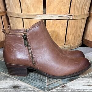 Lucky Brand Basel Tan Brown Leather Double Zip Ankle Boots Womens Size 7.5